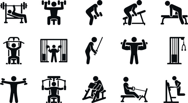 Gym fitness workout icons set weightlifting cardio strength training exercise equipment.
