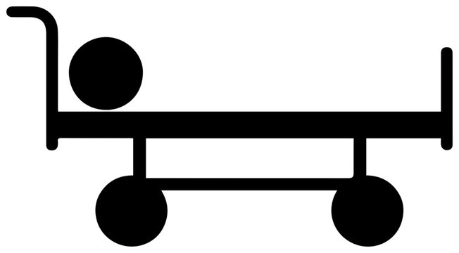 Solid black filled icon of a hospital gurney bed with wheel medical equipment symbol