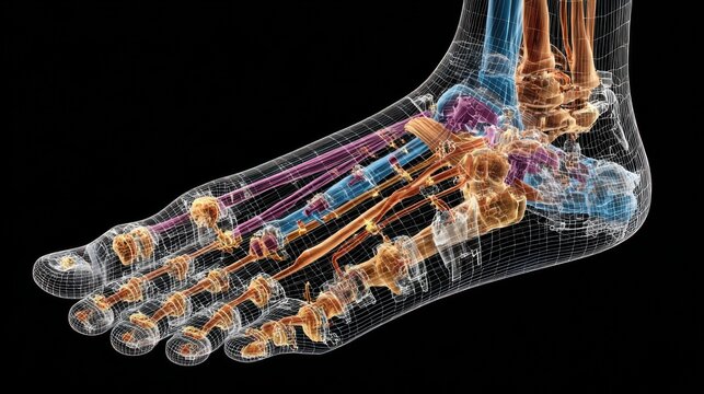 Detailed view of human foot skeleton showing bones and structure in 3D model format for education and study purposes