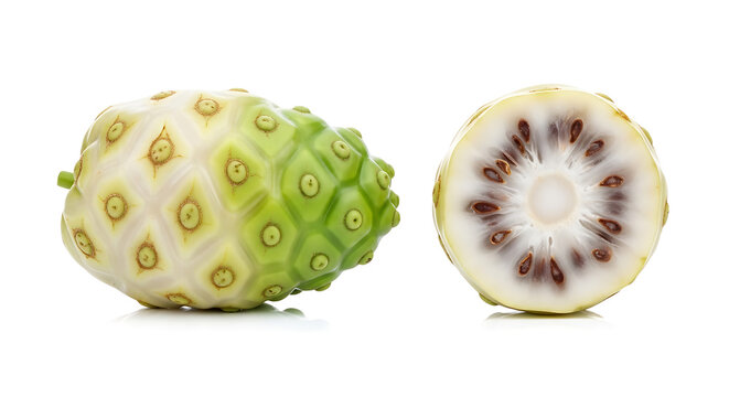 Whole and sliced noni fruit isolated on white background