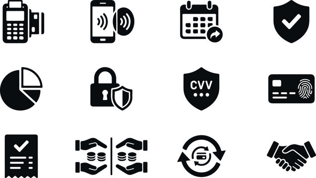 Set of simple payment and finance icons on transparent background for online shopping and banking.