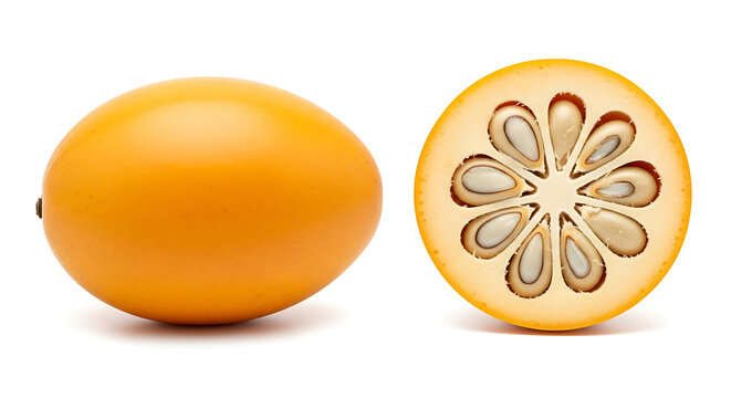 Whole and sliced ripe yellow egg fruit isolated on white background