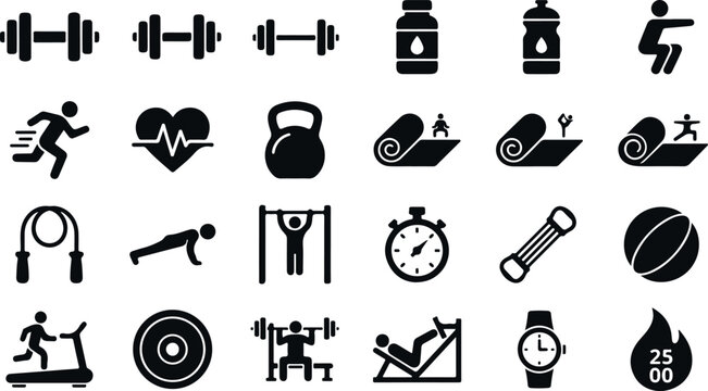 Set of sport and fitness icons with dumbbells exercise equipment and healthy lifestyle elements.