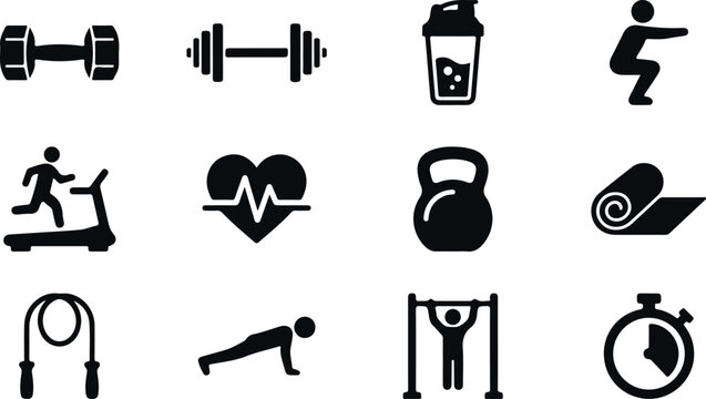 Collection of black fitness icons for sports and exercise on a checkered background.