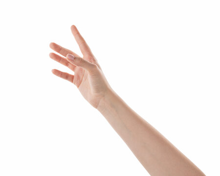 Female hand reaching something isolated on white