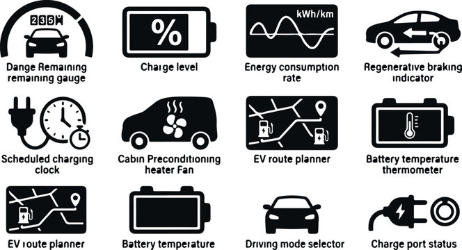 Electric car dashboard icons showing driving range charge level energy consumption regenerative braking.
