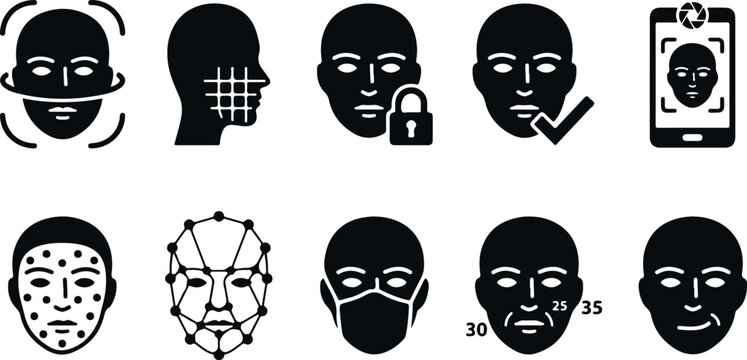 collection of facial recognition and face detection technology icons.
