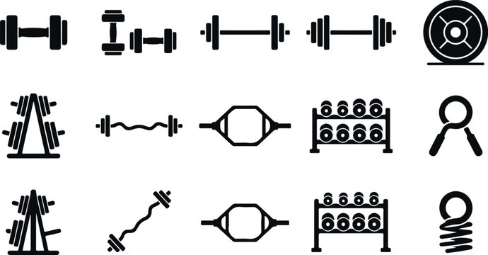 Set of fitness equipment icons including dumbbells barbells and weight plates for workout.