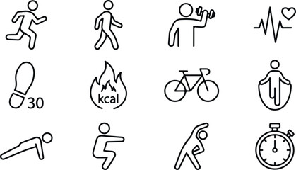 Fitness and healthy lifestyle icons set showing athletic activities exercises and wellness monitoring. © Sadhin