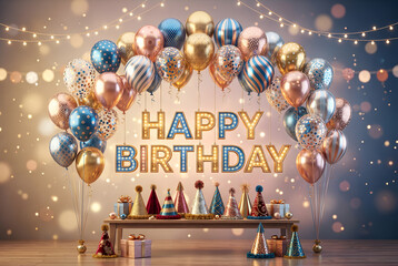 Fototapeta premium Birthday celebration banner, illuminated letters, festive balloons, conical hats, gift boxes, warm bokeh, joyful atmosphere