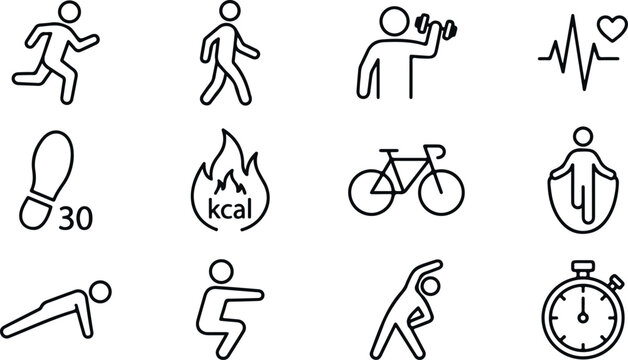 Fitness and healthy lifestyle icons set showing athletic activities exercises and wellness monitoring.