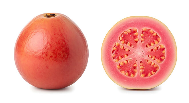 Whole and sliced pink guava fruit isolated on white background