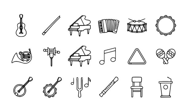 Orchestra and Musical Instrument Outline Icon Collection with Guitar Piano Drum and Wind Symbols