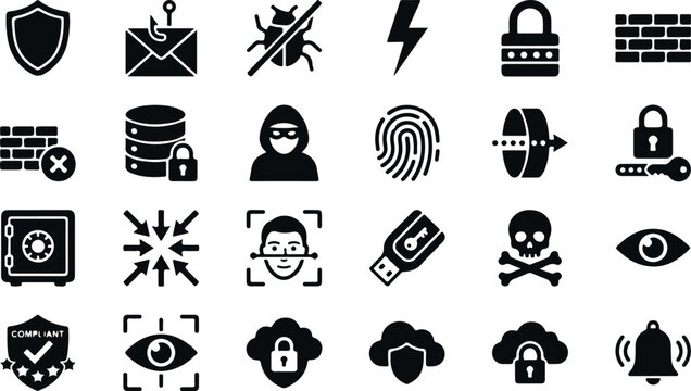 Security icons showing shield lock firewall database fingerprint safe and eye scan.