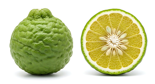 Whole and halved kaffir lime fruit isolated on white background
