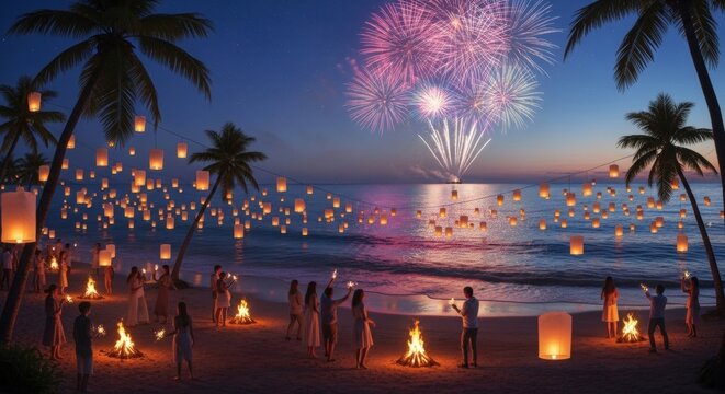 People holding sparklers on beach under night fireworks and lanterns