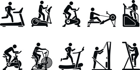 Gym exercise machine icons showing cardio workout equipment for fitness and health goals. © Sadhin