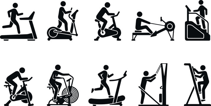 Gym exercise machine icons showing cardio workout equipment for fitness and health goals.