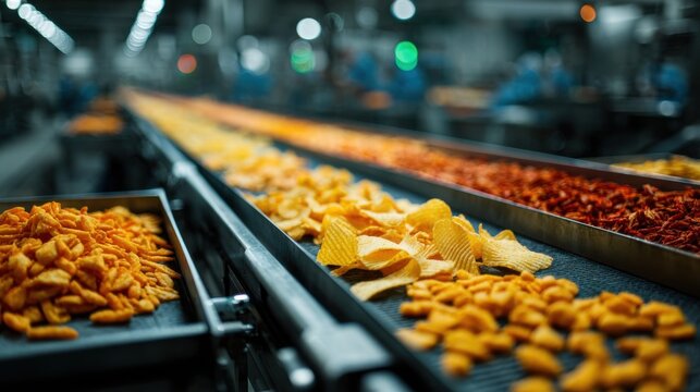 Snack production line operates with various snacks being processed and packaged in a factory setting during the daytime
