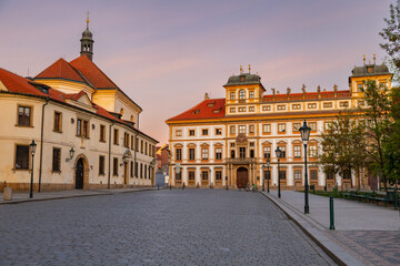 Naklejka premium Artistic Medieval Prague Architecture at Sunrise, Historic Old Town Cityscape in Morning Light, Famous European Travel Destination, Prague Photo Tour, Czech Republic Medieval Streets and Landmarks