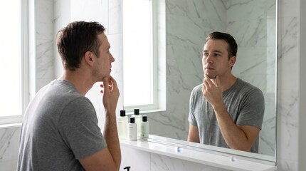 Fototapeta premium Young Man Grooming Face in Bathroom Mirror Morning Routine