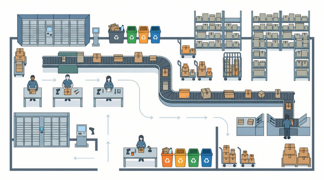 Automated Parcel Return Center Reverse Logistics Top View Vector