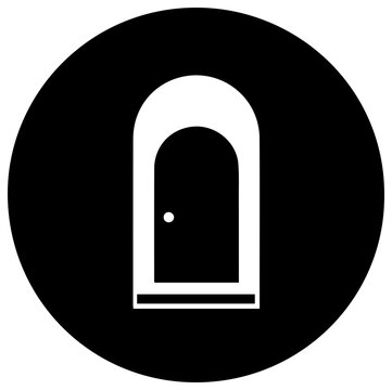 Solid black filled icon of opportunity door for volunteer or business concept with white outline on circular background