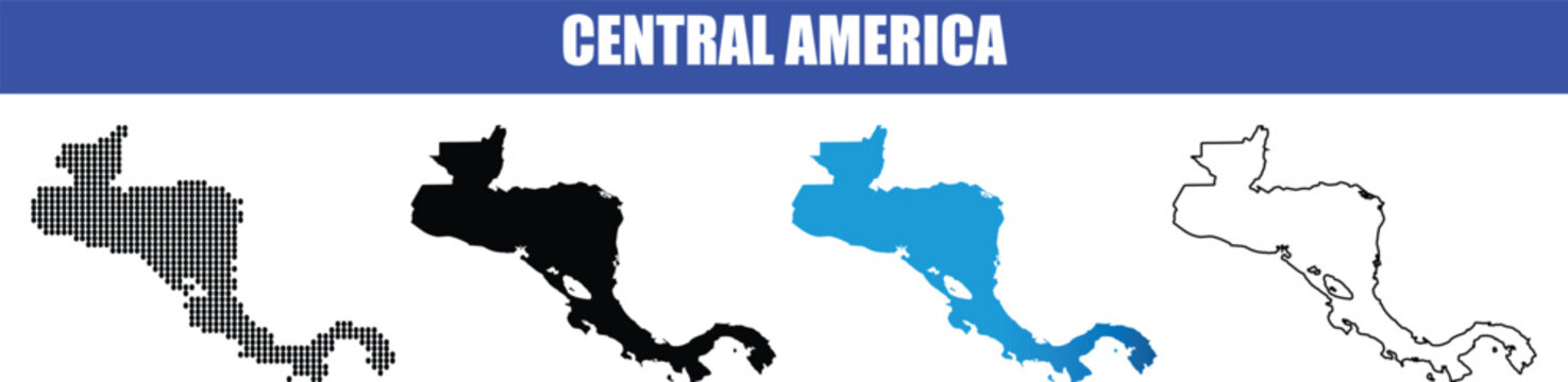 Central america map illustration vector set including dotted silhouette blue shape and outline isolated on grid background design.