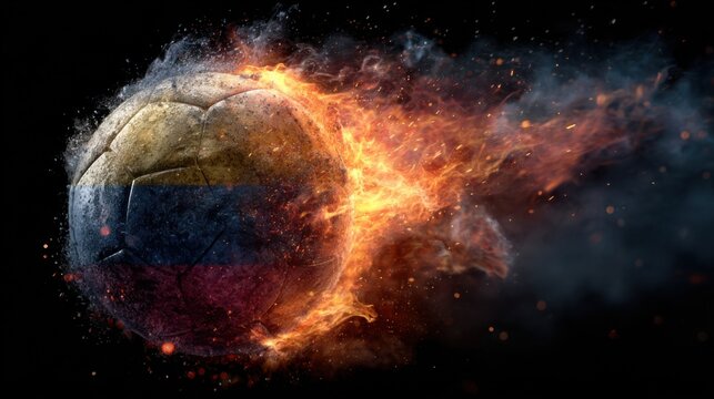 Flaming soccer ball with Colombian flag colors in action at night during a sports event
