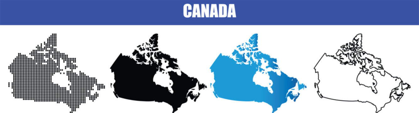 Canada country map, dot map, silhouette, blue gradient and outline versions for global display.