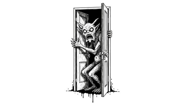 Demon emerging from doorway with fangs.