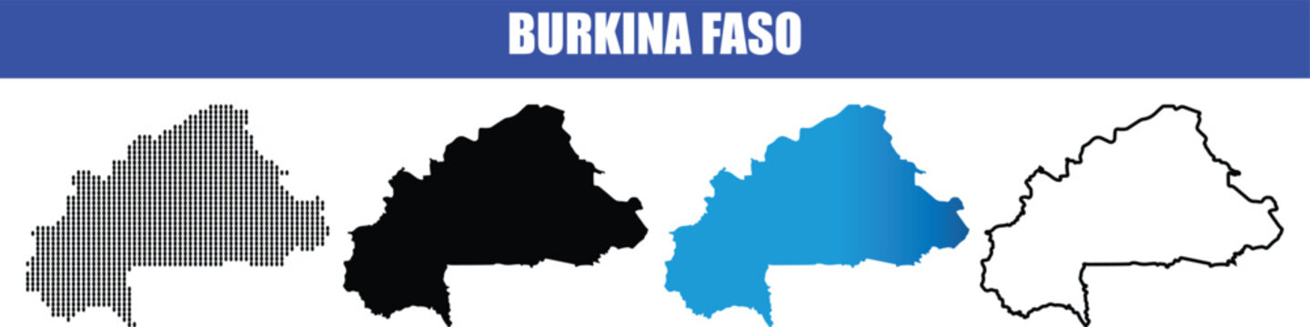 Burkina faso map vector artwork including an abstract dotted design, solid black silhouette, blue gradient, and outline.