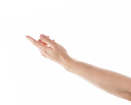 Adult man left hand pointing with index finger isolated