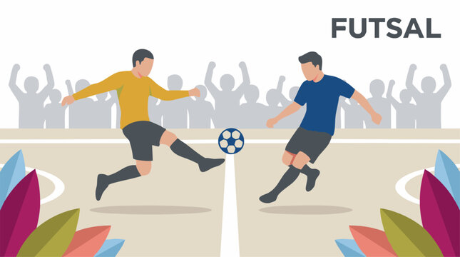 Futsal players in action on an indoor court with cheering fans