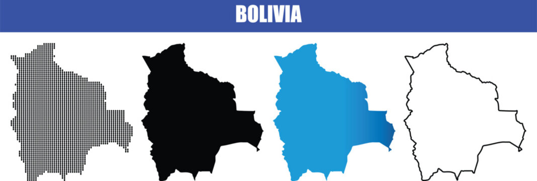 Bolivia map pack with four unique design styles including dotted texture solid blue fill and simple black outline isolated on grid.