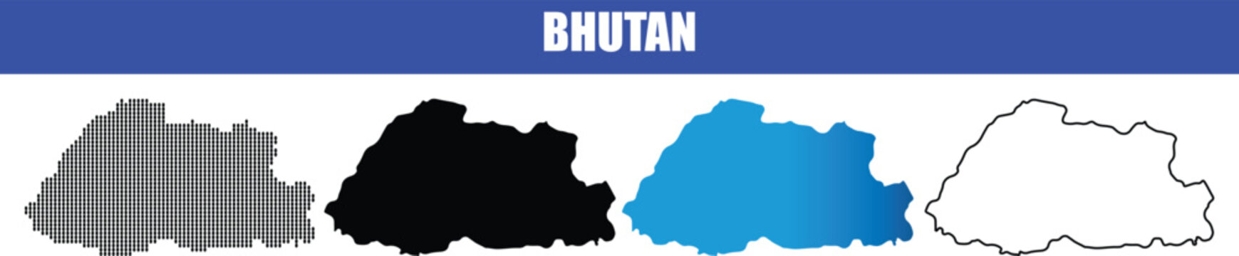 Bhutan map set featuring four distinct graphical variations including dotted pattern solid blue fill and simple line drawing isolated.