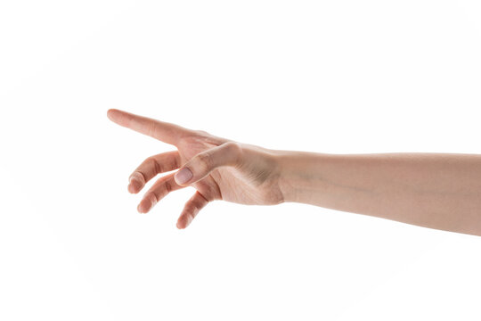 Female hand reaching something isolated on white