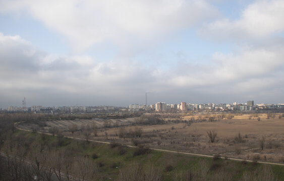Wide panoramic view of Vacaresti Nature Park and Bucharest city skyline - Urban delta landscape