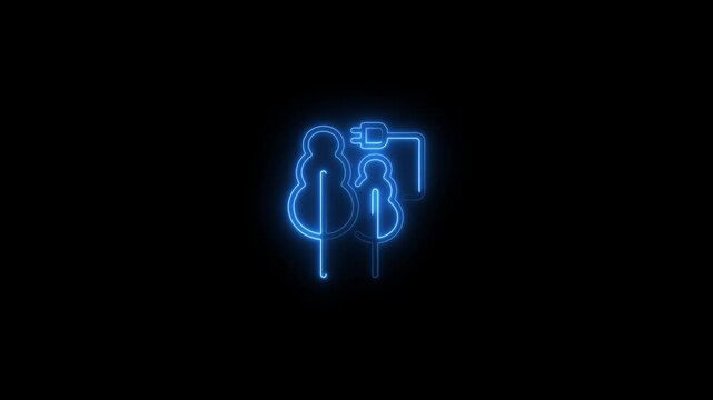 Glowing blue neon green energy concept with electric plug and trees icon on black background, eco technology, loop animation