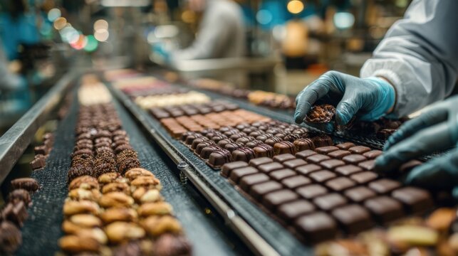 Workers sort and pack chocolates in a busy factory during a production shift