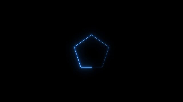 Glowing blue neon pentagon shape icon on black background, abstract geometric element, loop animation
