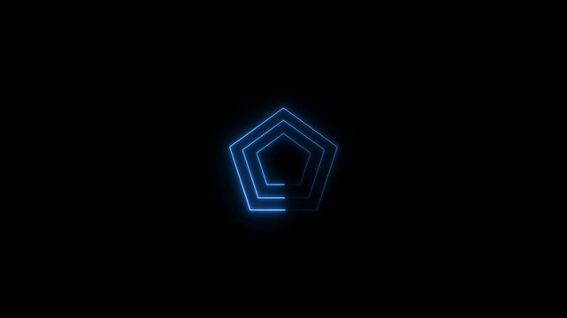 Glowing blue neon pentagon shape icon on black background, abstract geometric element, loop animation