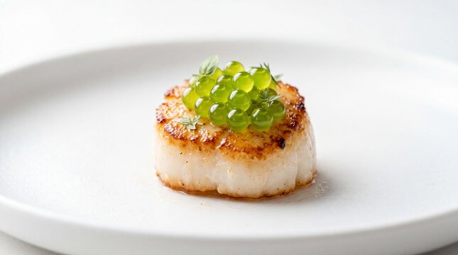 Gourmet Pan Seared Scallop with Molecular Herb Caviar Fine Dining Appetizer