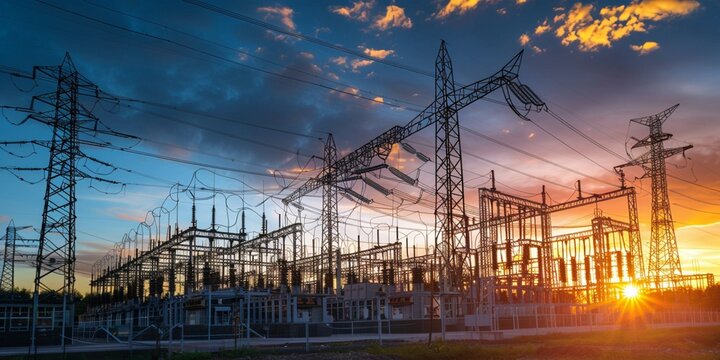 Sunset Behind Electrical Substation with Silhouetted Power Lines
