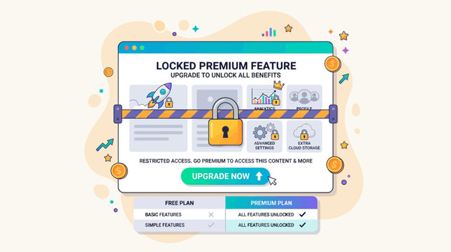 A screenshot shows a computer screen with a locked premium feature and an upgrade prompt on a webpage.