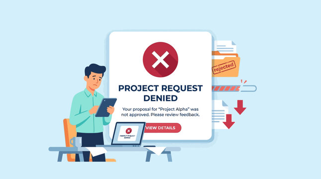 Man sitting at desk receives denied project request on computer screen