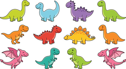 Large Collection of Cute Cartoon Dinosaur and Dragon Characters Featuring Brachiosaurus Stegosaurus Pterodactyl and Tyrannosaurus Rex for Children Educational Media and Nursery Wall Art Designs © Rownok