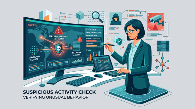 Woman analyzes data on computer screen checking for suspicious activity