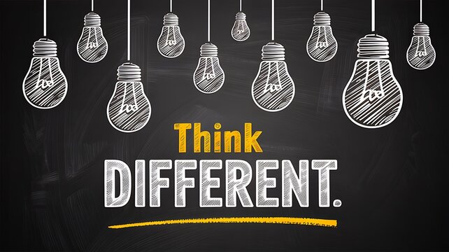 Think different motivation concept with glowing light bulbs on chalkboard background