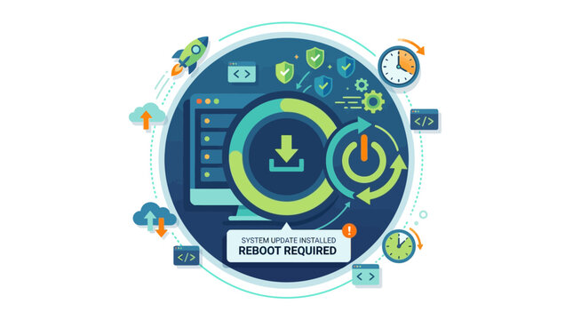 An illustration depicts a computer screen with reboot required message surrounded by icons.
